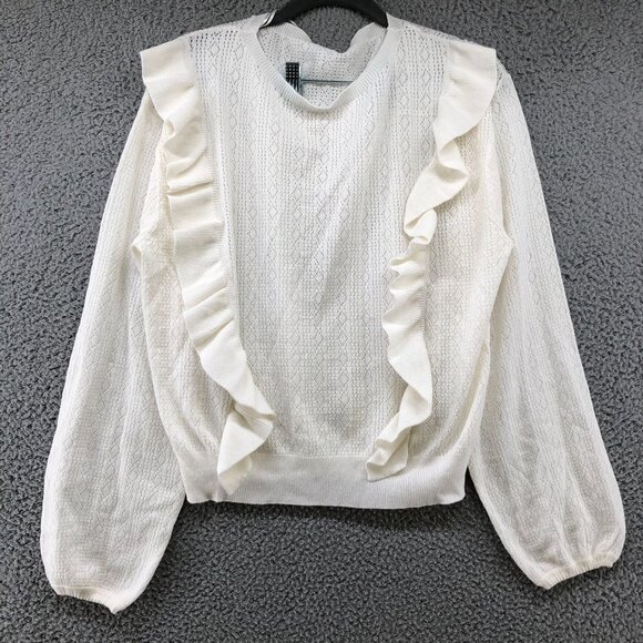 NWOT Lightweight Sweater Womens Medium M White Pointelle Knit Ruffle Front - Picture 1 of 9